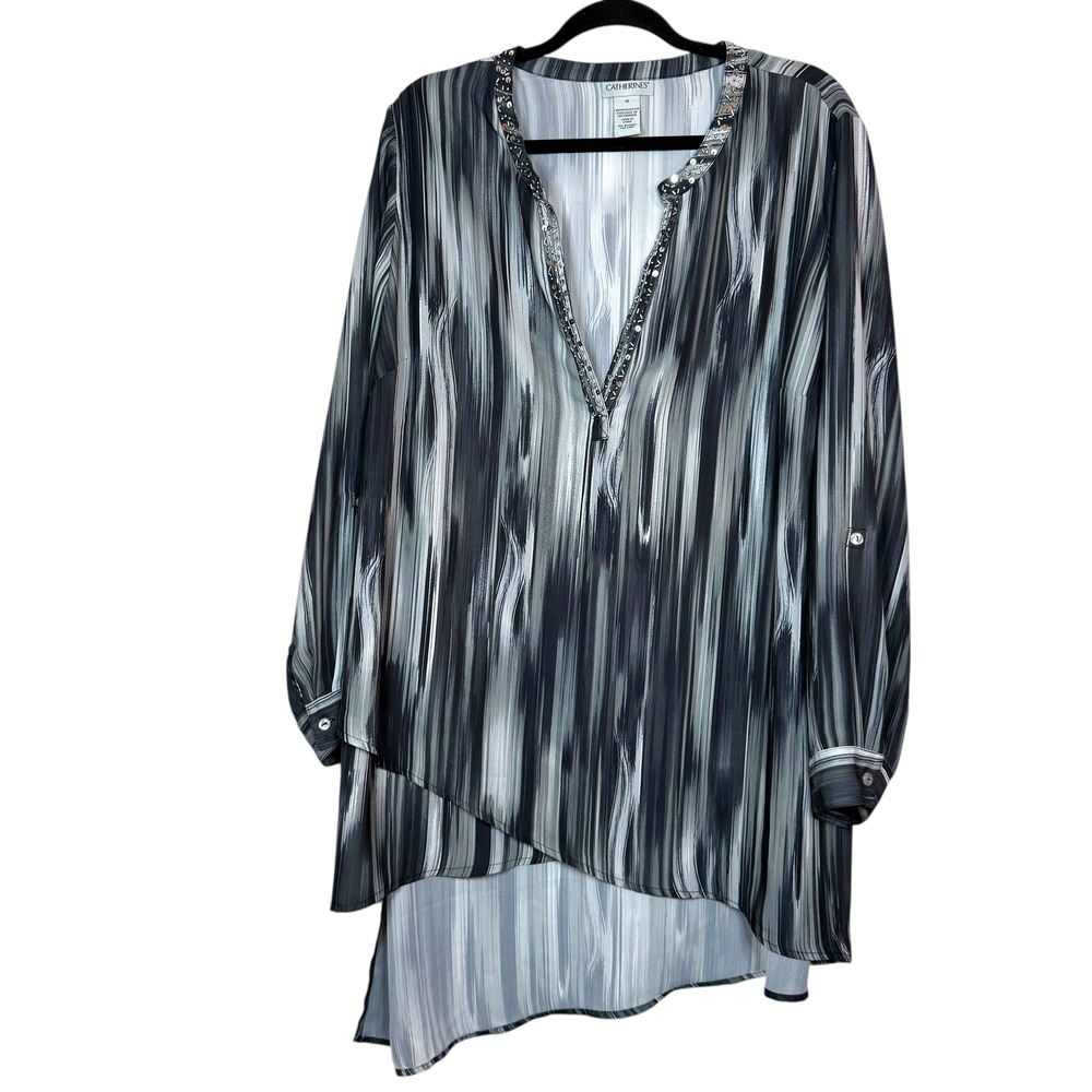 Catherines 1X Gray Black Abstract Embellished‎ V Neck Long Sleeve Tunic Top